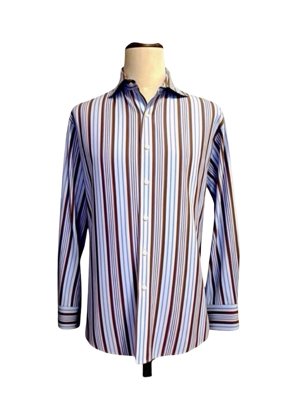 GANT Dress Fit Men’s Button Down Shirt Large Blue Brown Stripe Cotton Classic